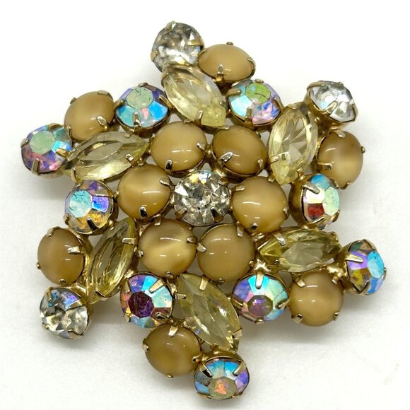 Estate Jewelry - Vintage Goldtone Rhinestone & Glass Cabochon Brooch Pin Statement 2.75 Inches
